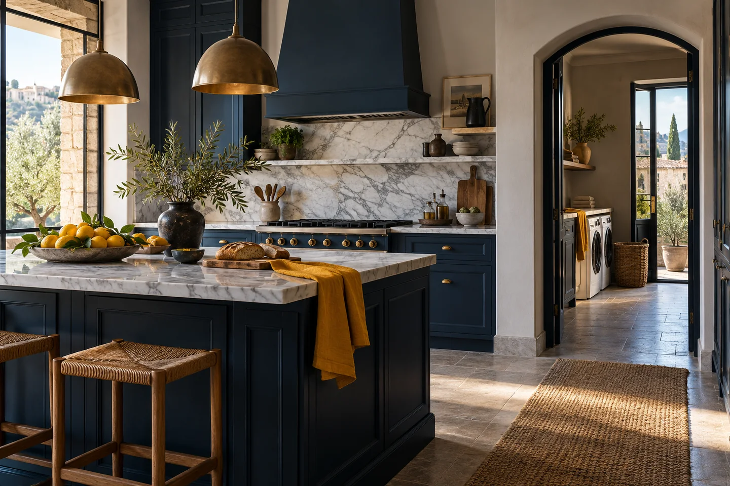 Cucina italiana con mobili blu e un passaggio verso la lavanderia