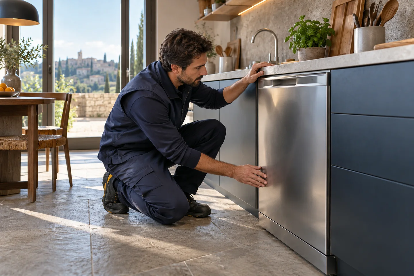 Professionista esamina l’esterno di una lavastoviglie